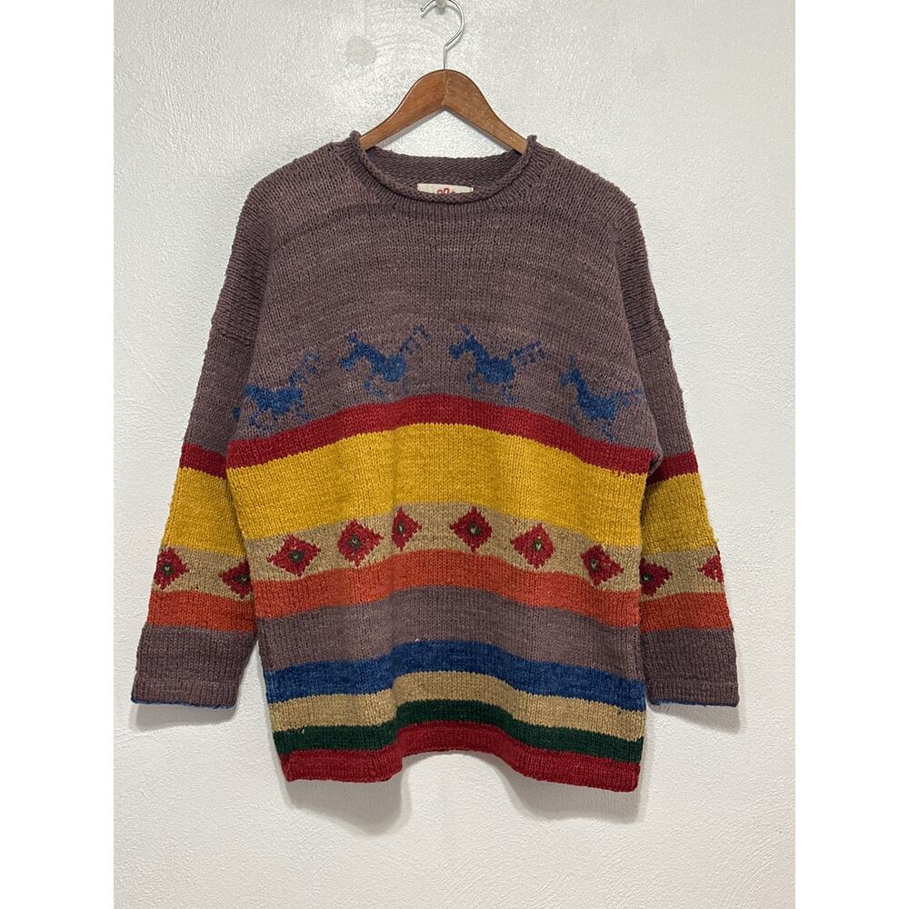 AMANO Equestrian Horse Rainbow Striped 100% Wool Sweater Heavyweight Aztec XL